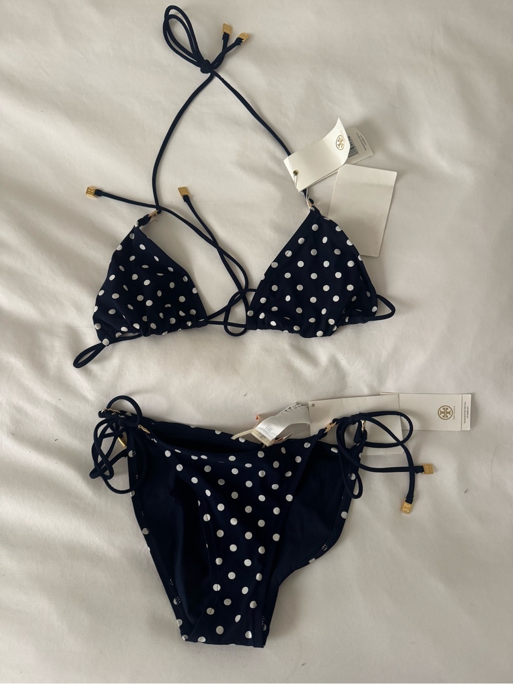 Tory Burch Navy Blue Polka Dot Triangle XS Bikini Set NWT
